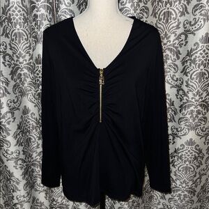 Michael Kors Black Gold Zipper Vneck Long Sleeve Top